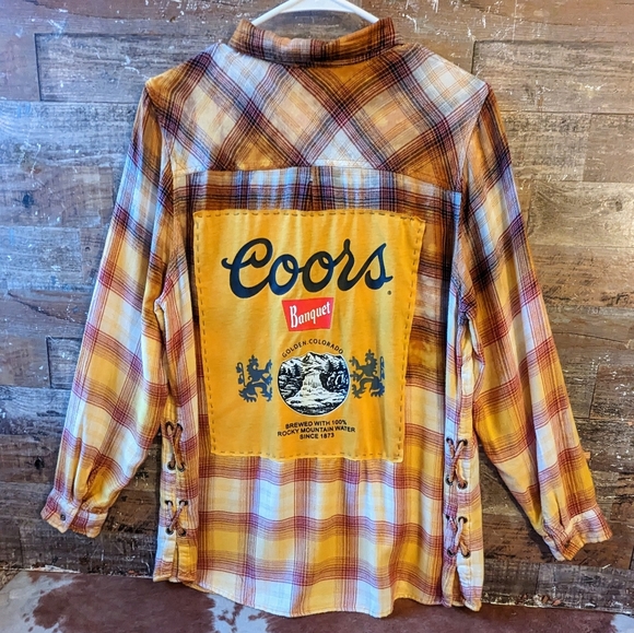 Coors Beer Upcycled Handcrafted Dip Dyed Bleached Flannel Shirt - Picture 1 of 13